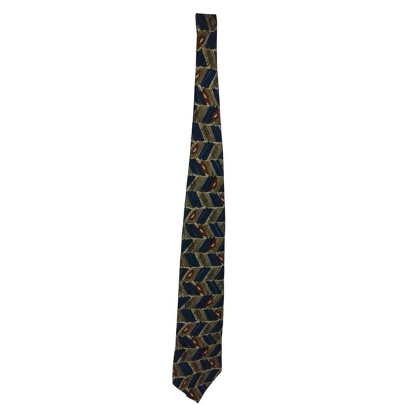 Vintage Louis Feraud Tie Imported Silk Leaves Autumn Blue Geometric Retro Art - Picture 1 of 4